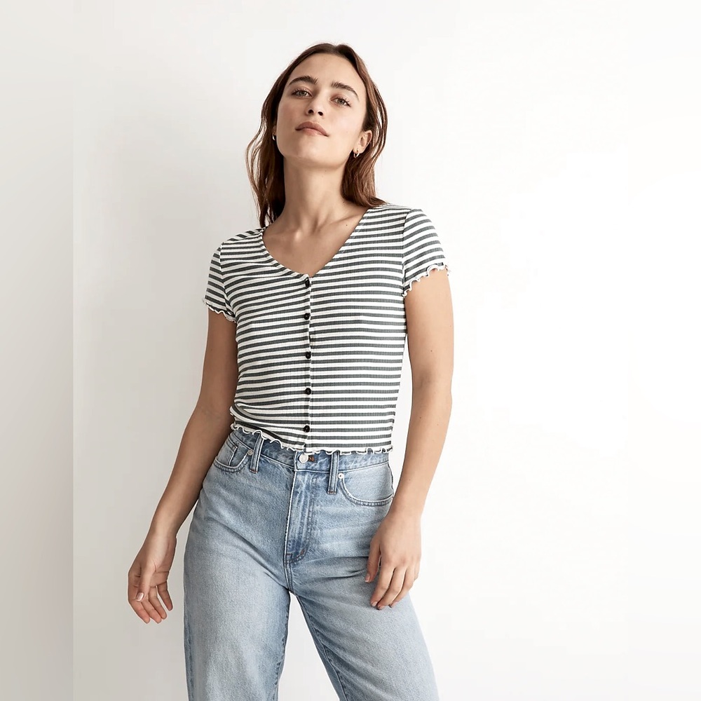 Madewell Green and White Striped Short Sleeve Tee